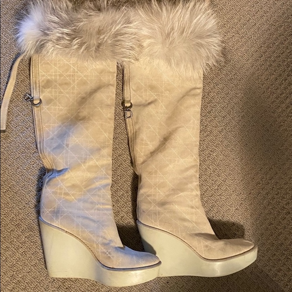 Off white suede Dior platform fur topped boots